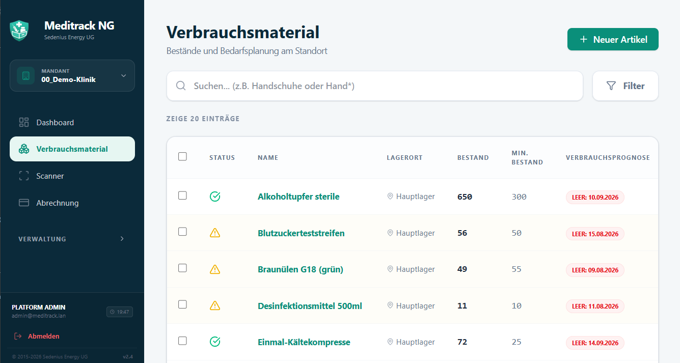 Bestandswarnungen und Materialübersicht in Meditrack NG